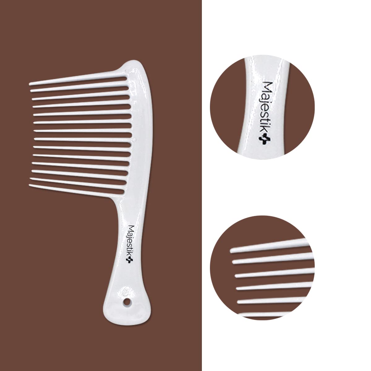 Majestik+ Afro Comb Infused With Coconut Oil - Wide Tooth Rake Hair Comb for Type 3A to 4C, Thick & Curly Hair in White