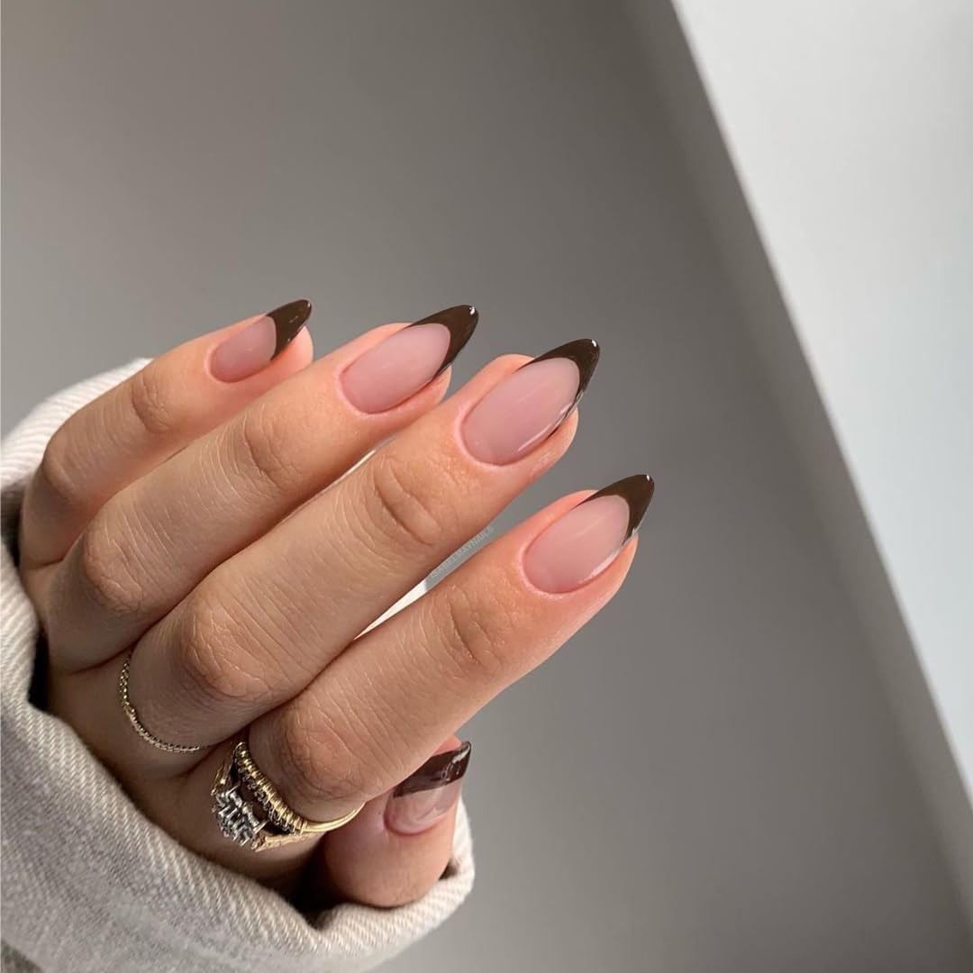 KQueenest 30 Pcs Brown French Tip False Nails Short Medium Almond, French Tip False Nails Short Stiletto, Custom Thick Acrylic Fake Nails Set Natural Nude Gel Stick on Nail for Women Daily Wear