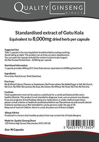 Quality Ginseng Direct GOTU KOLA - 8,000mg Capsules - Powerful Formula (90 Capsules)