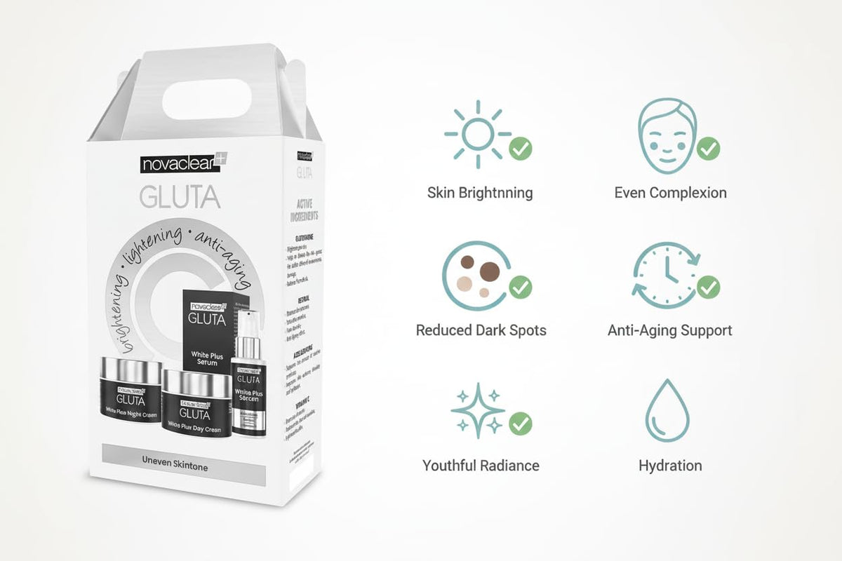 Novaclear Gluta White Plus Set – White Plus Serum, Day Cream & Night Cream with Glutathione & Retinol for Dark Spots, Even Skin Tone & Anti-Aging Skincare Routine