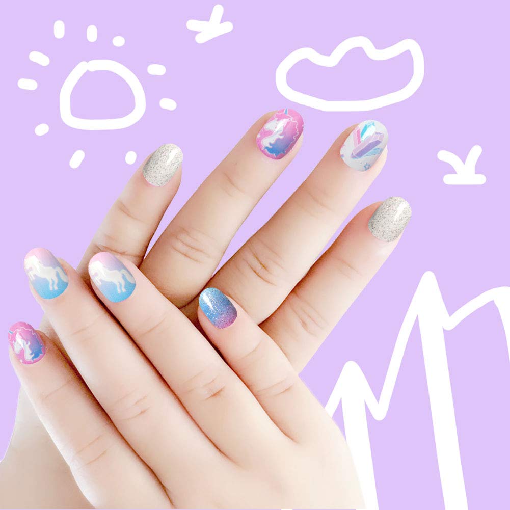 Laza 120pcs Nails Press On Pre-glue Full Cover Glitter Gradient Color Rainbow Sparkling Scale Wave AquariusShort False Nail Kits for Teenager Girls - Silver Pearl