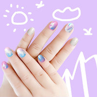 Laza 120pcs Nails Press On Pre-glue Full Cover Glitter Gradient Color Rainbow Sparkling Scale Wave AquariusShort False Nail Kits for Teenager Girls - Silver Pearl