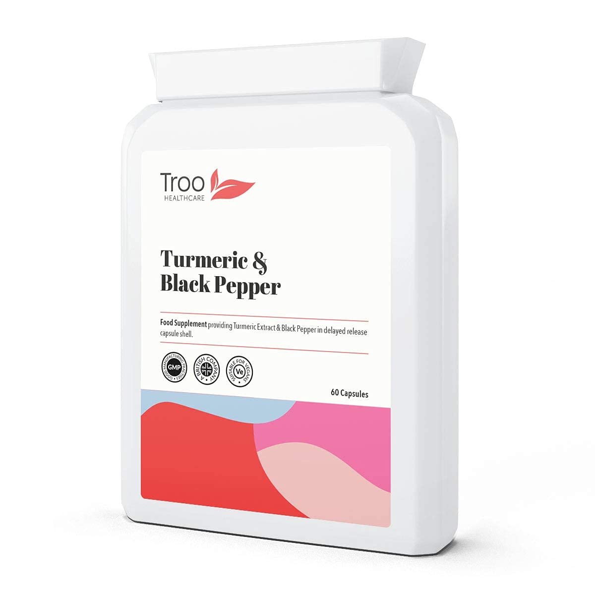 Troo Health Care Turmeric Supplement (500 mg) - 60 Capsules with Black Pepper Extract Piperine | Provides 95% Standardisation of Curcumin | UK Manufactured