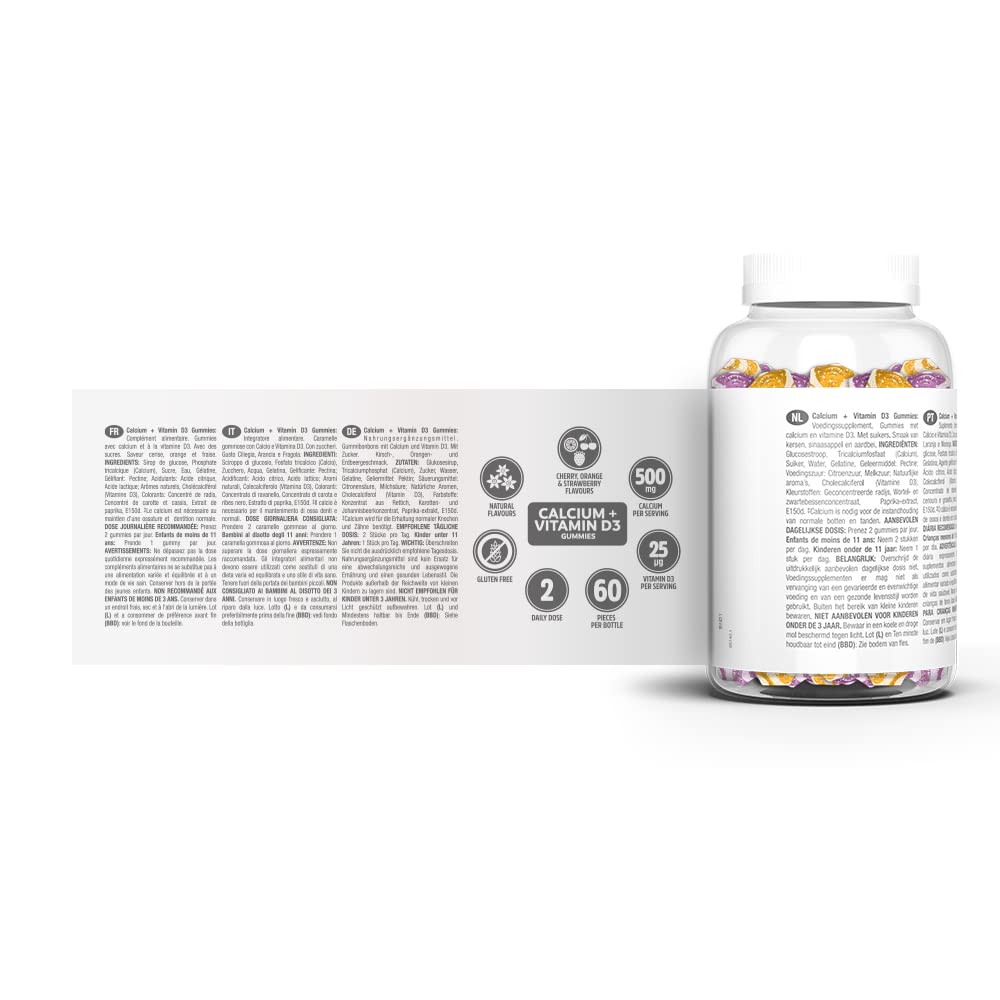 VITALDIN Calcium + Vitamin D3 Gummies – 500 mg Calcium & 1.000 IU Vitamin D per Serving – 60 Chewable Gummies (1-Month Supply); Fruit Flavour – Bone & Teeth Support – Gluten Free – for Kids & Adults
