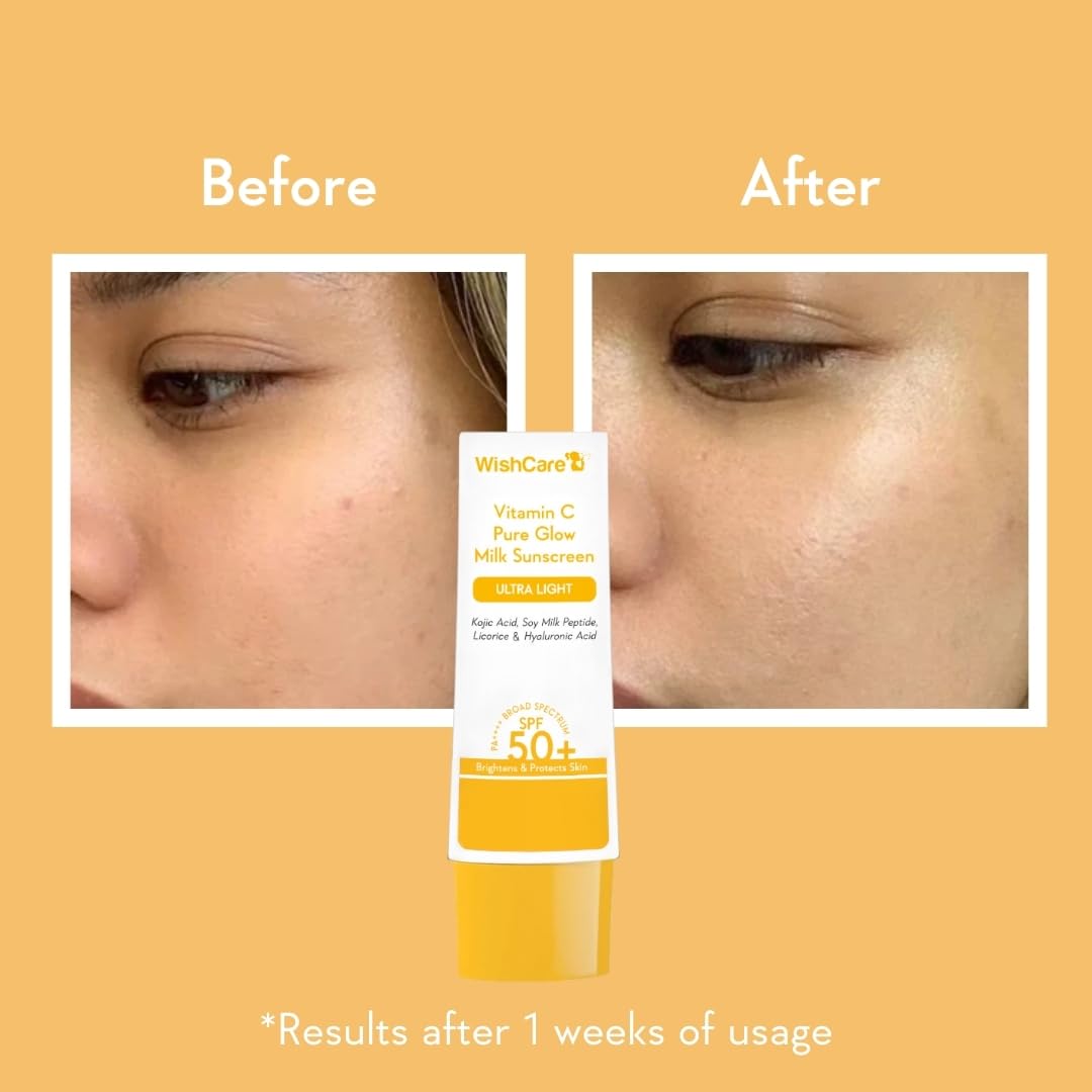 WishCare Vitamin C Pure Glow Milk Sunscreen SPF 50 PA++++ for Glowing Skin - Broad Spectrum Light Weight Sunscreen SPF 50 for Dry Skin & Oily Skin 50g