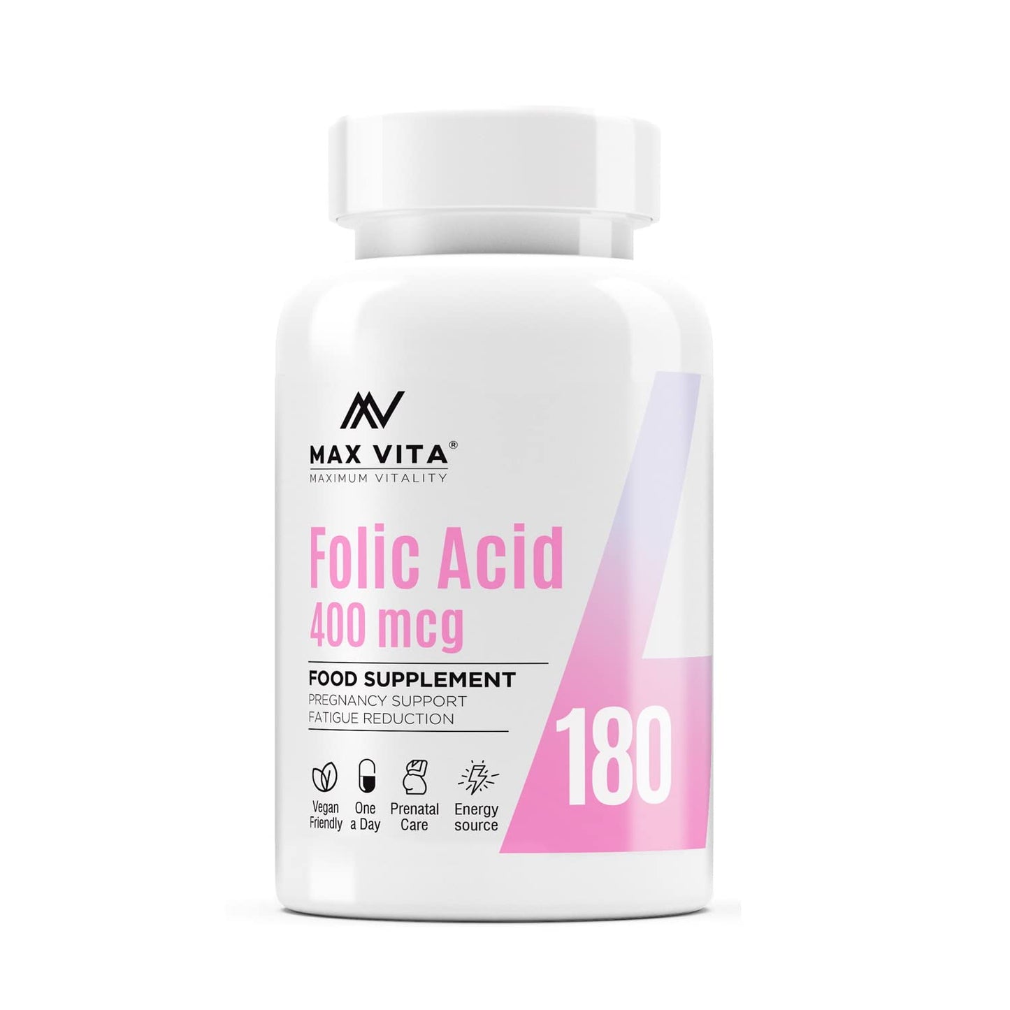 Folic Acid 400 mcg Vitamin B9 Pregnancy Care Maternal Tissue Growth During Immune System Support Energy Production Women Health 180 Vegan Tablets