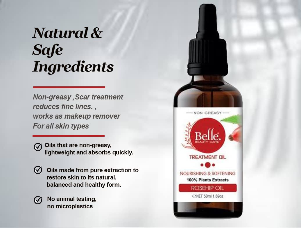BELLE BEAUTY CARE Rosehip Oil Non Greasy Face Oil Treatment For Nourishing and Softening Skin Normal to Dry Skin 100% Pure Natural Cold Pressed Rosehip Oil 50mL1.69oz By BELLE