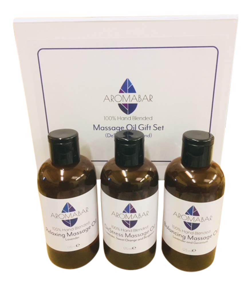 Aromabar Relaxing Massage Oil Gift Set (3 x 125ml) Relaxing (Lavender), De-Stress (Lavender, Orange & Bergamot) and Balancing (Lavender & Geranium) Boxed Destress and Unwind