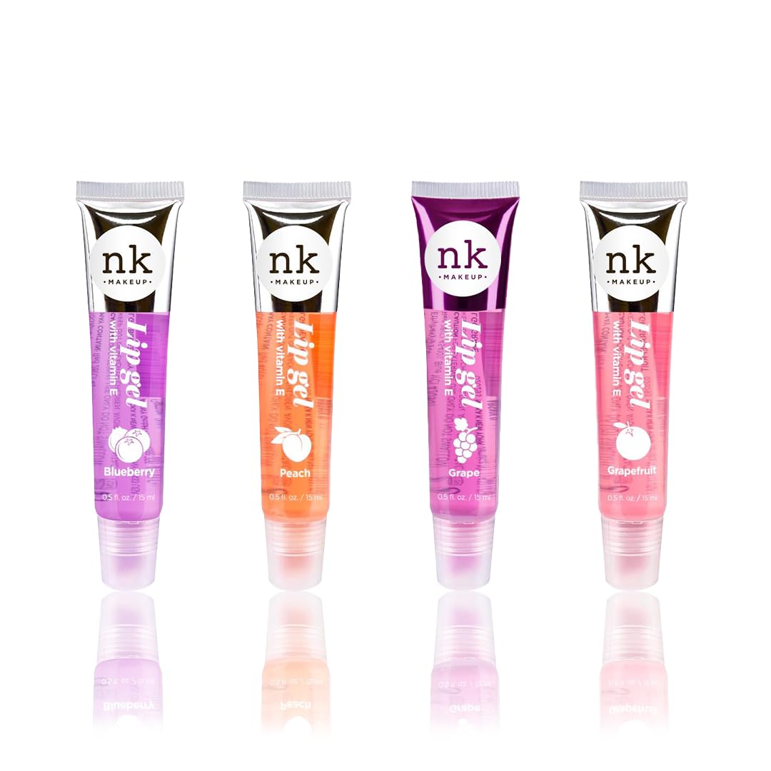 NK lip gloss gel 15ml Vitamin E, Shiny, Nourishes, Buleberry, Peach, Grape and Grapefruit flavoured by Nicka K (Multi Pack Of 4).