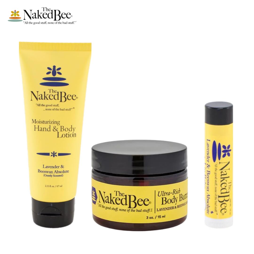 The Naked Bee Lavender & Beeswax Gift Collection. Body Butter, Body Lotion & Lip Balm Gift Set. Moisturising Body Care & Body Skin Care Collection. Moisturising Body Skincare Womens Gift Sets.