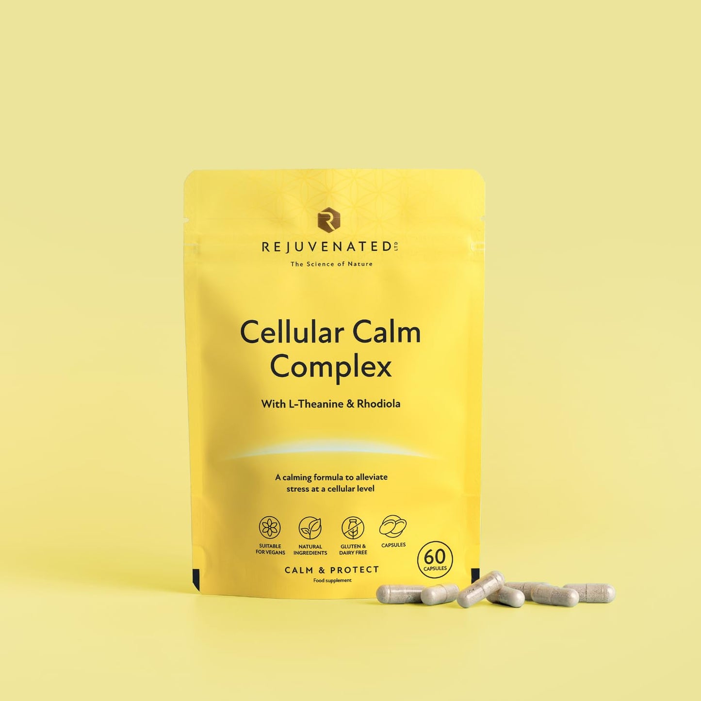 Rejuvenated Limited Rejuvenated Cellular Calm Complex - Nootropic & Adaptogen Blend for Stress & Anxiety Relief for Adults - Calming Formula and Stress Relief Supplement with L-Theanine & Rhodiola (60 Capsules)