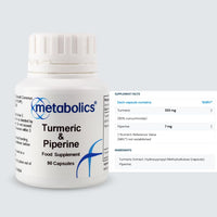 Metabolics Turmeric with Piperine- Pot of 90 Capsules- Highly Bio Available Source of Curcumin, Supported with Piperine (Black Pepper) to Improve Absorption