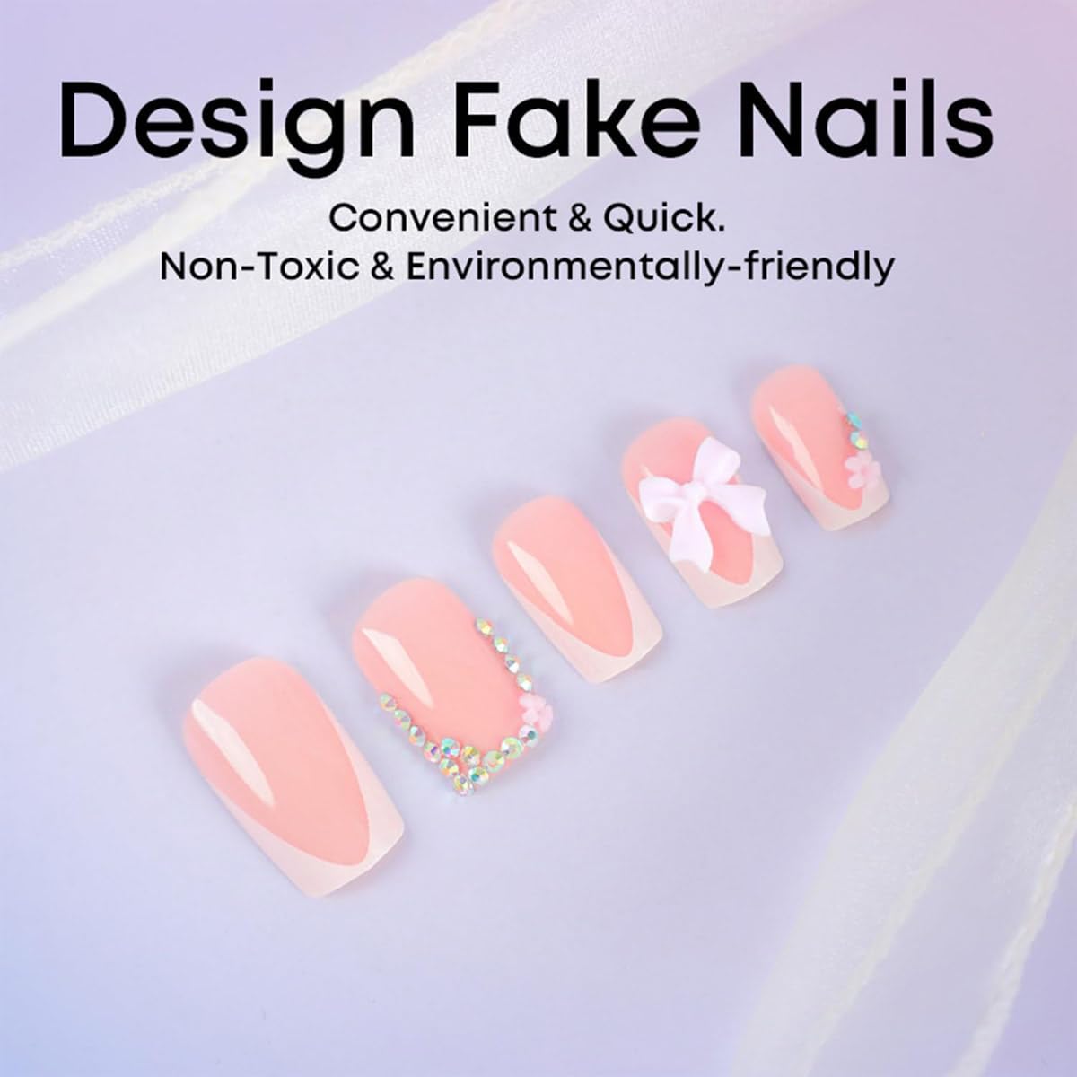 Dream Aurora 24 Pcs French False Nails White Tip,Press on Nails Medium Coffin Shape Bow Fake Nails with Design Rhinestones Glue on Nails French Nail Tips False Nails Supplies Full Cover Glossy Acrylic Nails