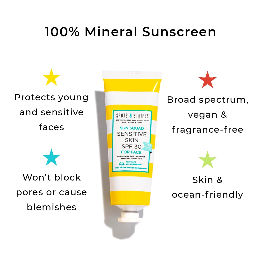 Spots & Stripes - Sun Squad Sensitive Skin SPF 30 for Face, 99% Natural, 100% Mineral Sunscreen for Teens and Young Skin, Organic Aloe Vera Leaf Juice, Jojoba and antioxidant-packed Green Tea (50ml)