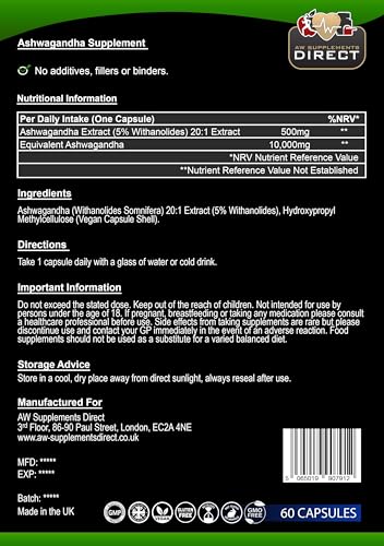 AW Ashwagandha | 60 Ashwagandha High Strength Capsules - 500mg Ashwaganda Extract per Capsule | Aswaganda Supplement | Non-GMO Gluten, Allergen & Filler Free | Manufactured in The UK