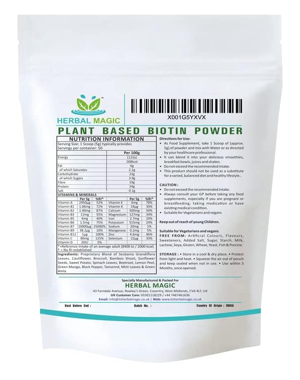 Herbal Magic's Pure & Natural Blend - Biotin Powder (10,000 mcg in 1 Scoop) - UKAS LAB Tested in UK - Made from 14 x Fruits, Vegetables & Herbs - No fillers/Preservatives/Color/Maltodextrin- 100gms
