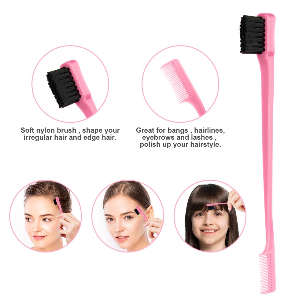 AOOWU 3 Pcs Slick Brush Set, Volume Creating Teasing Brush Set, Hair Styling Comb Set Include Bristle Hair Brush Double Sided Edge Brush Rat Tail Comb for Women Kids Edge Back Hair Smoothing (Pink)
