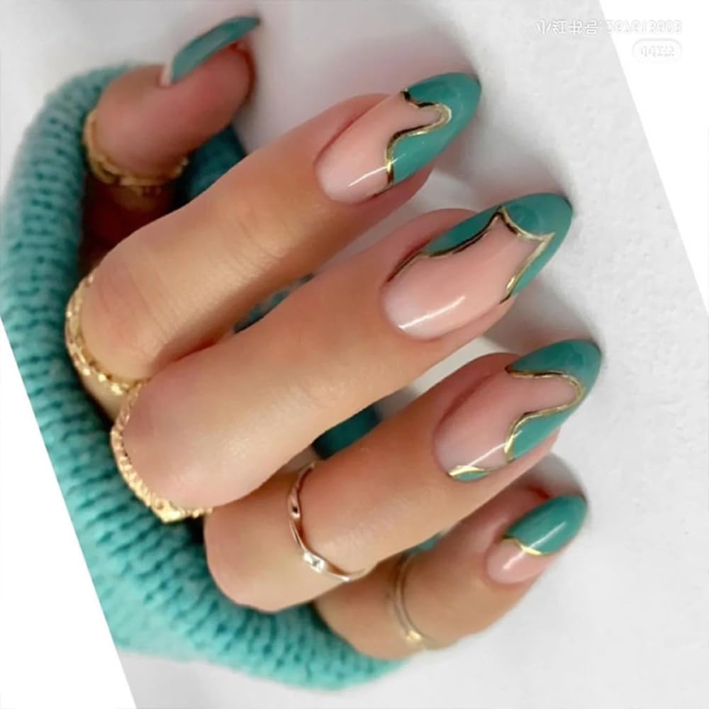 Albiuev 24PCS Medium False Nails with Glue Stickers, Almond Full Cover Acrylic Press on Nails no Glue,Green Waves French Fake Nails for Women and Girls Nail Art