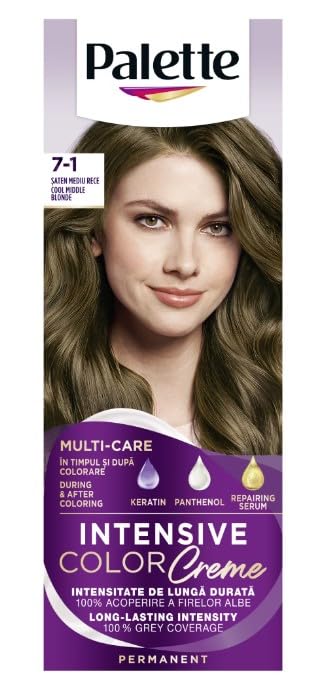 Hair dye PALETTE Intensive Color Creme 7-1 Cool Medium Blonde, long lasting intensity, 100% gray coverage, sparkling shine hair with a vibrant look 110ml x 2 (Pack of 2)