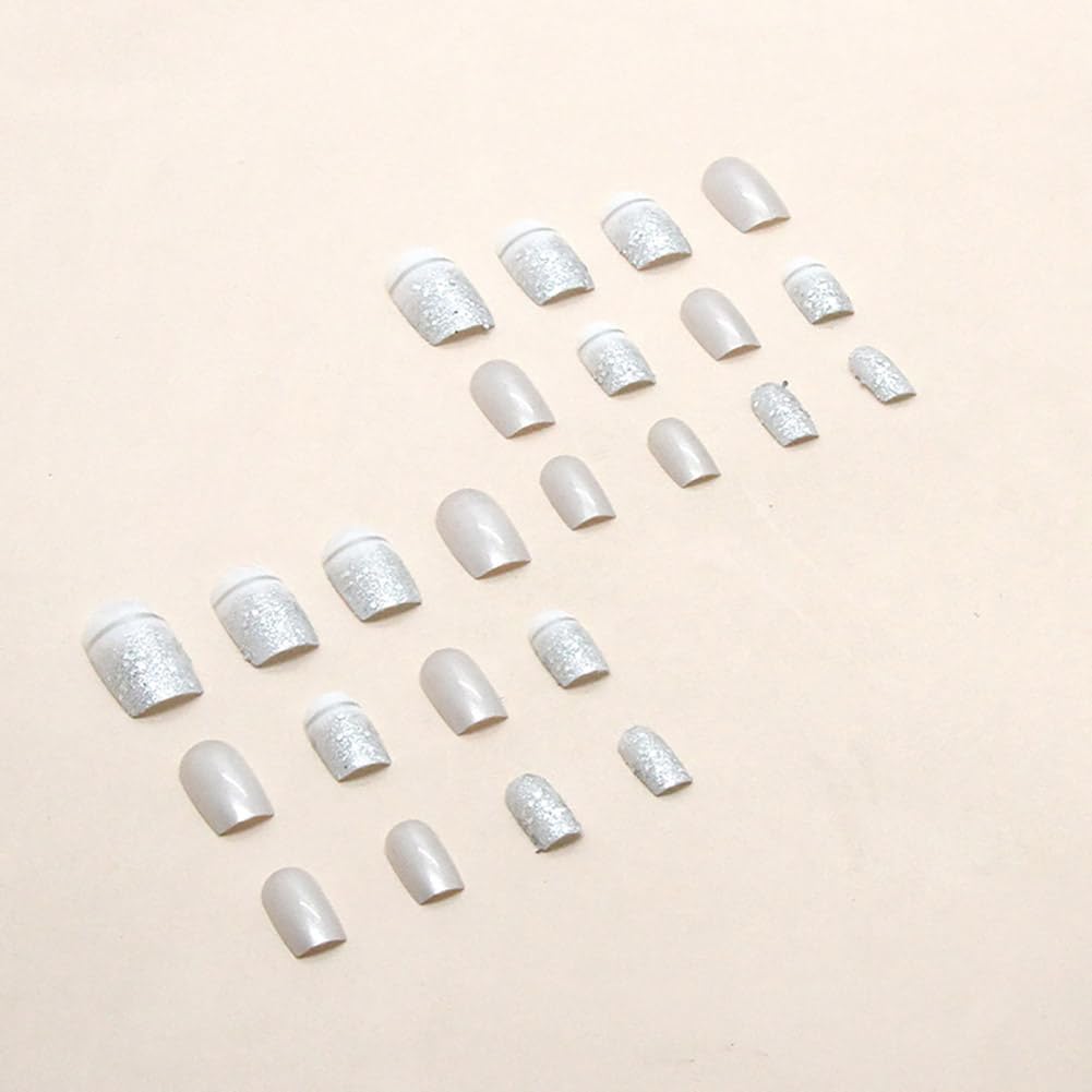 Clataly 24 Pcs Square Nail Silver Glitter Powder Fake Nails Press on False Nails Daily Wear Artificial Nails for Women and Girls
