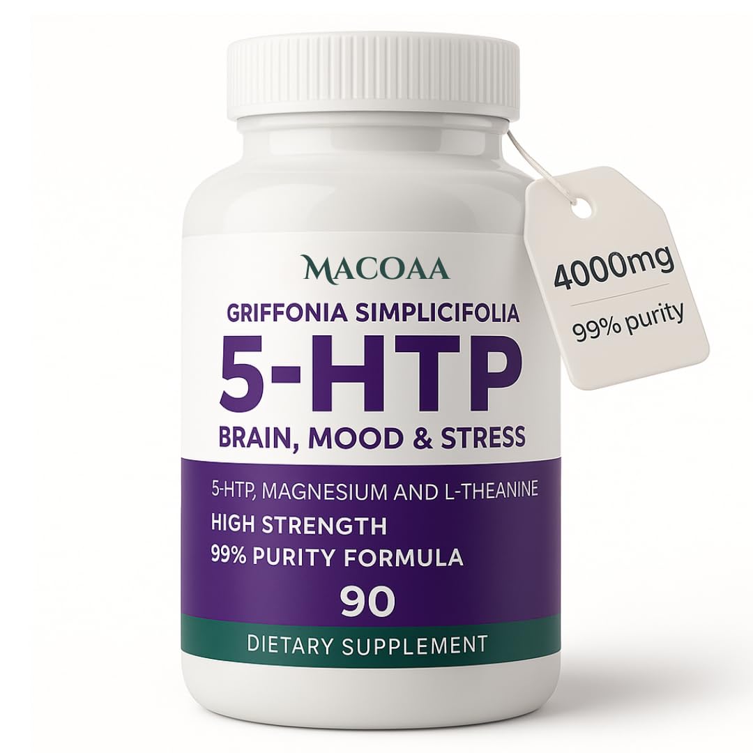 MACOAA 5-HTP Supplement, 4000mg High Strength, 99% Purity 5HTP Griffonia Seed Extract Complex with Magnesium Bisglycinate and L-Theanine, Sleep and Mood Support, 90 Capsules | 3 Month Supply
