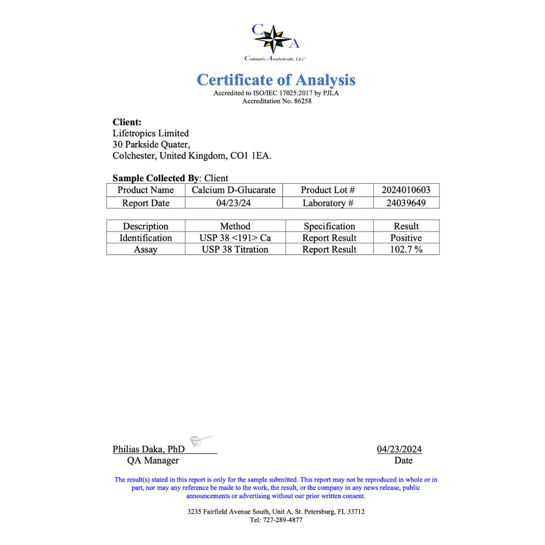 Lifetropics Calcium D-Glucarate - 500mg Calcium D-Glucarate - Lab Tested - Liver Detox Supplement - 60 Vegetable Capsules