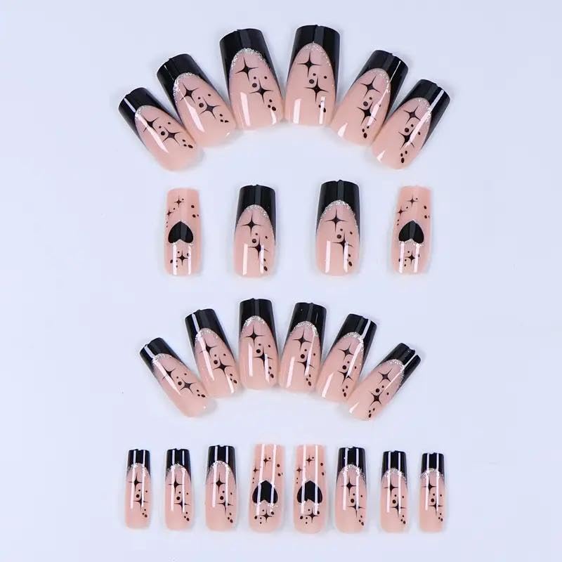 Generic Square Press-on Nails, 24 Pieces, Black French Tips with Heart Star Design, Silver Glitter Accents