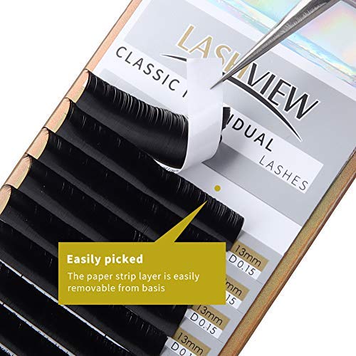 LASHVIEW Eyelash Extensions, Premium Single & Classic Individual Lashes, 0.15 Thickness C 15mm, Natural Semi-Permanent, Soft Application-Friendly