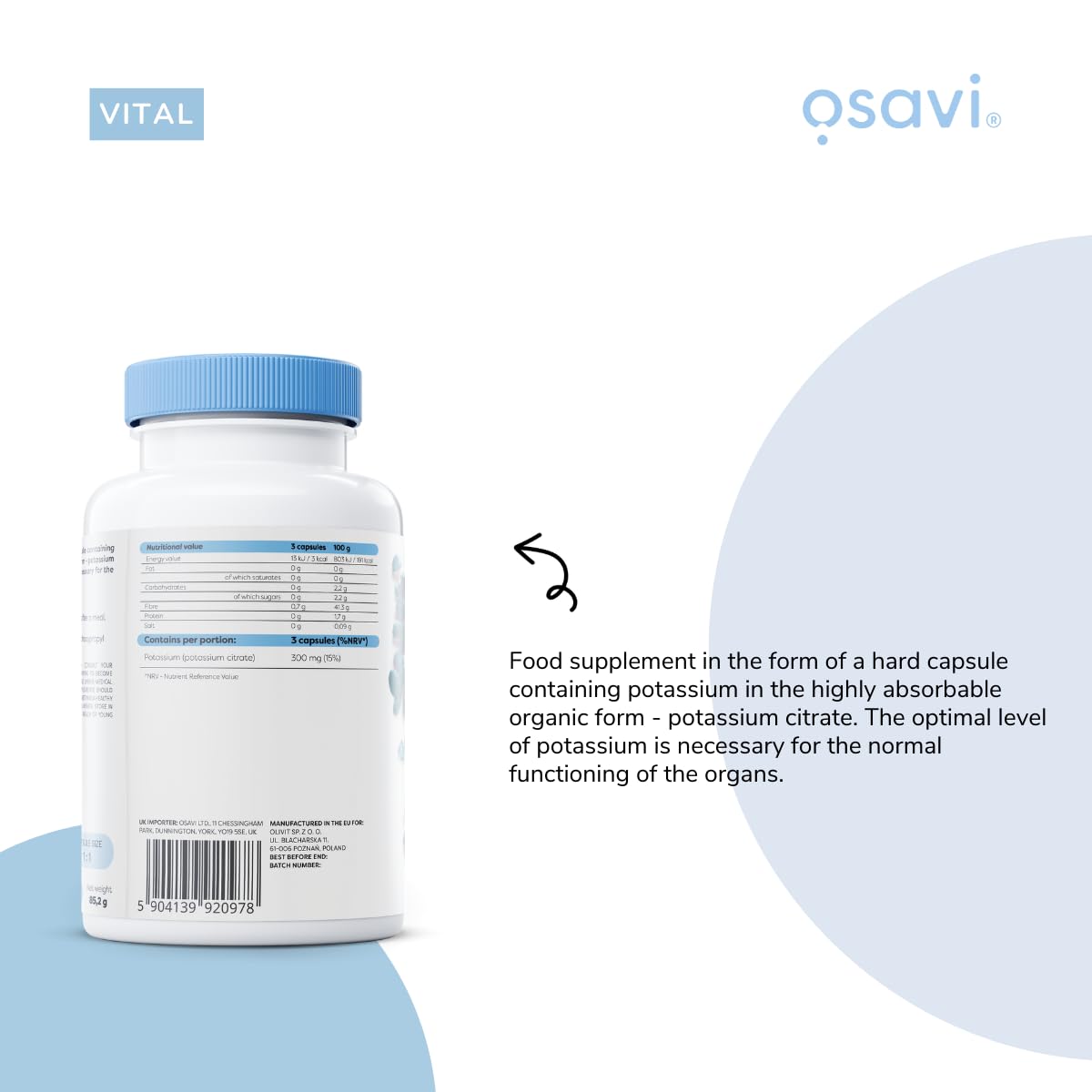 OSAVI Osavi Potassium 300mg – 90 Vegan Capsules | Highly Absorbable Potassium Citrate for Nervous System, Muscle Function, and Blood Pressure Support | Clean Label, Vegan Friendly