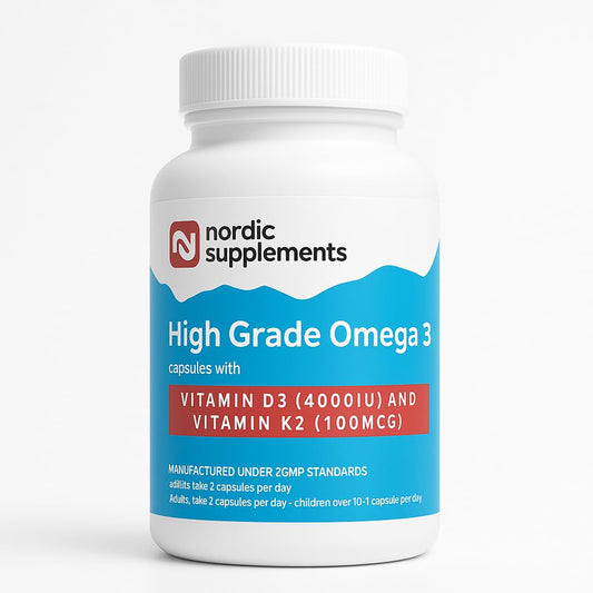 Nordic Supplements Omega-3 Fish Oil 1000mg with Vitamin D3 4000IU & K2 100µg - High Strength, 60 Capsules