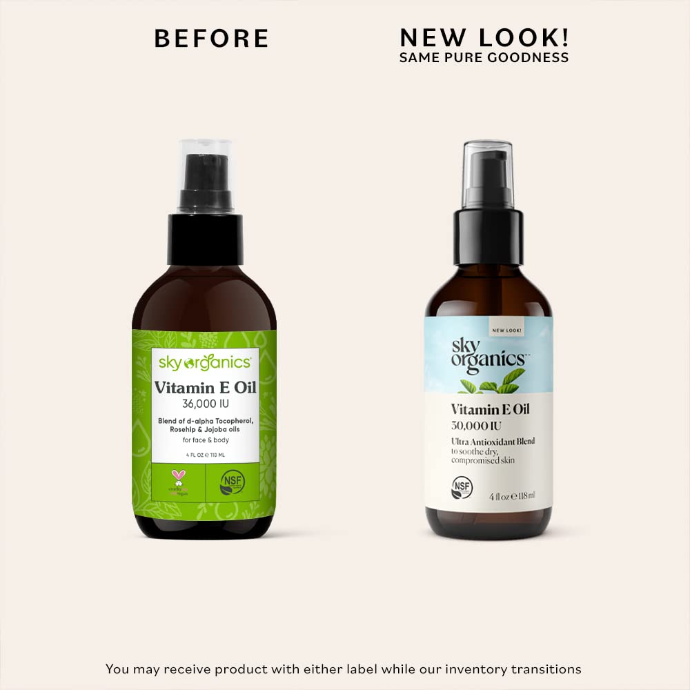 Organic Vitamin E Oil 36,000 IU by Sky Organics (118 ml) Vitamin E Oil - Moisturizing Treatment Oil with Jojoba & Rosehip for Scars & Stretch Marks