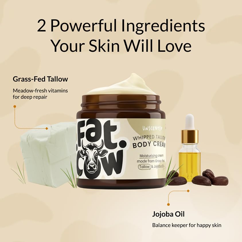 Fat Cow Skincare Beef Tallow Skin Care, Beef Tallow Moisturiser, Grass Fed & Whipped, Enriched with Jojoba Oil for Skin Hydration and Sensitive Skin, Eczema Relief, 120ml Unscented