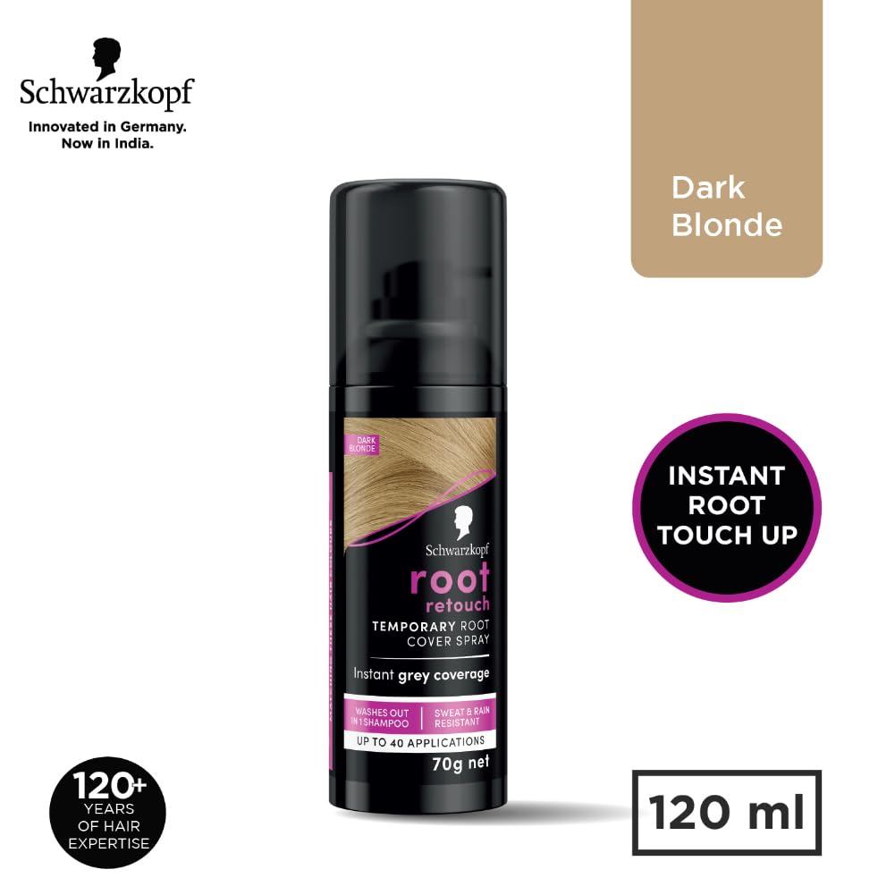Schwarzkopf Root Retouch, Vegan, Temporary Dye Instant Blonde Hair Root Concealer, Grey Coverage, 40 Applications, 1 Wash, Dark Blonde, 120ml,