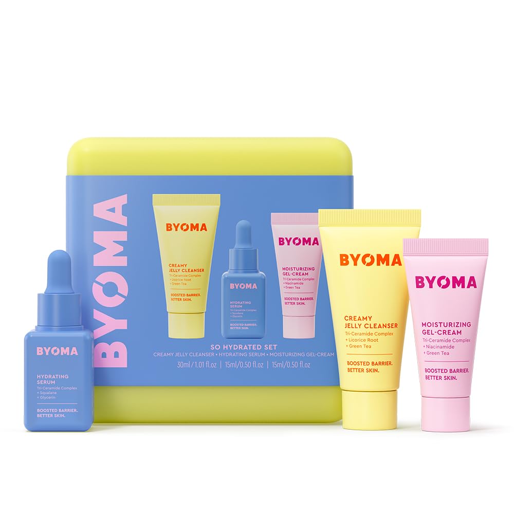 BYOMA So Hydrated Travel Size Gift Set - Barrier Repair Skincare Minis (30ml, 15ml, 15ml) Creamy Jelly Cleanser, Hydrating Face Serum & Ceramide Face Moisturizer for Dry Skin | Holiday Essentials