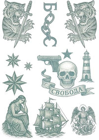 Inkwear Realistic Russian Prison Temporary Tattoos – 2 A4 Sheets – Aged & Faded Look – Fake Tattoos for Film, TV, Theatre, Halloween Cosplay – Long-Lasting, Skin Safe