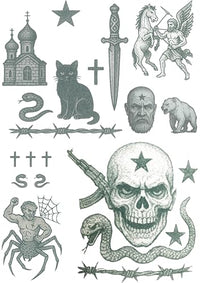 Inkwear Realistic Russian Prison Tattoos – Set 2 – 2 A4 Sheets – Ultra-Real Fake Tattoos for Film, Theatre, Halloween Cosplay – No Shine, Copyright-Free for TV Use