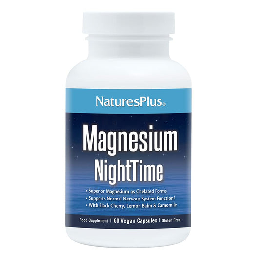 NaturesPlus Magnesium Nighttime - Magnesium Glycinate and Taurate Supplement with L-Theanine, Ashwagandha, Lemon Balm, B6, Hops - Vegan, Gluten Free - 60 Capsules