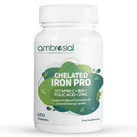AMBROSIAL Ambrosial Chelated Iron Pro with Vitamin C, B12, Folic Acid & Zinc – Gentle on Stomach | Iron Supplement for Daily Use | 120 Veg Tablets