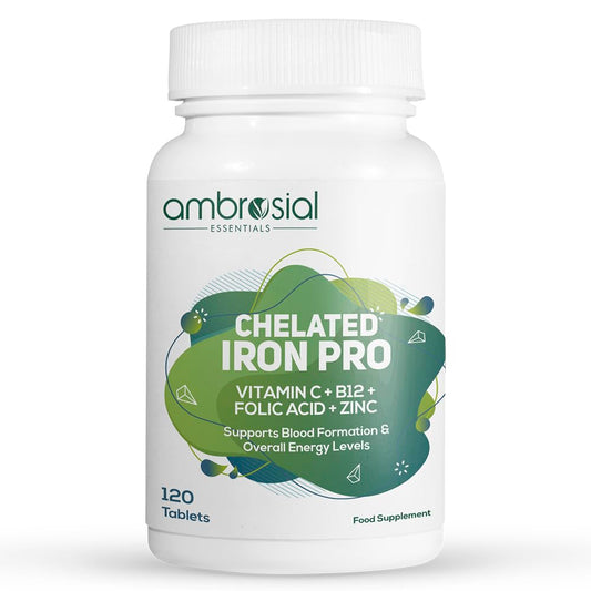 AMBROSIAL Ambrosial Chelated Iron Pro with Vitamin C, B12, Folic Acid & Zinc – Gentle on Stomach | Iron Supplement for Daily Use | 120 Veg Tablets