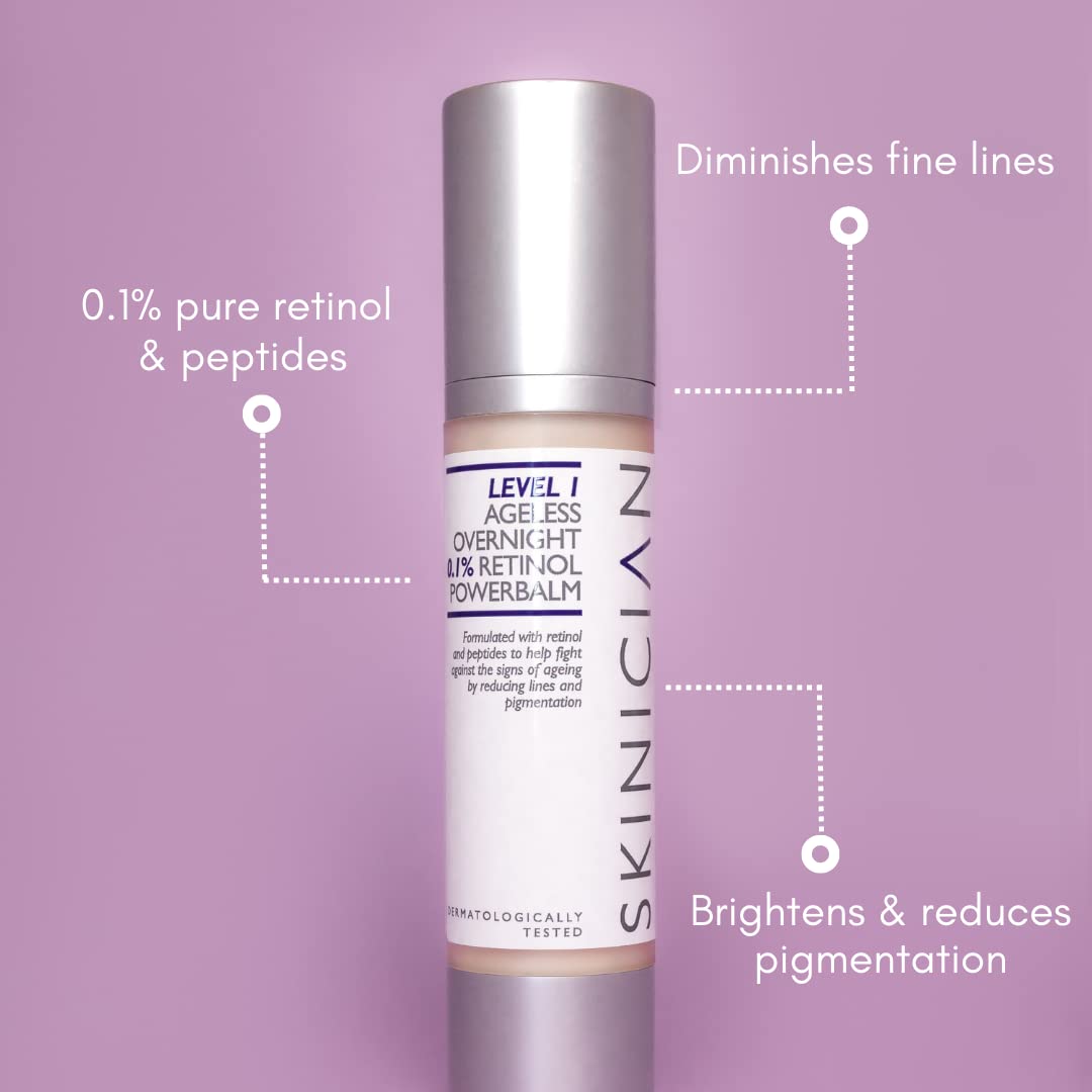 SKINICIAN Ageless Overnight Retinol Powerbalm - Anti-Ageing Retinoid Face Serum - Peptide Moisturiser to Reduce Fine Lines & Skin Pigmentation - Evening Skincare - Vegan & Cruelty Free (50ml)