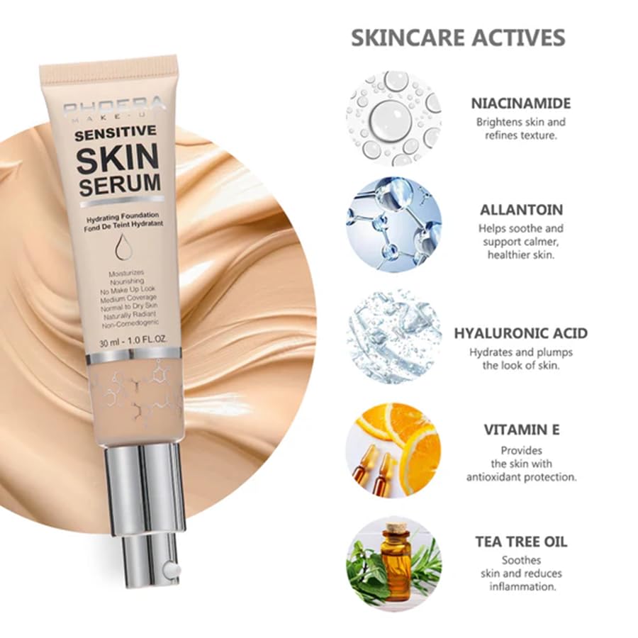 Phoera PHOERA Hydrating Serum Foundation, Hyaluronic Acid, Allantoin, Vitamin E, Tea Tree Oil Ideal For Dry And Sensitive Skin 12HR Skin Hydration, Medium Coverage, (SAND, 30ml)