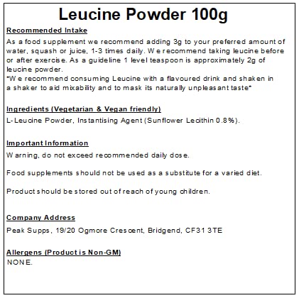 Peak Supps Leucine Powder 100g - Instant (Mixes Easily) - Vegan