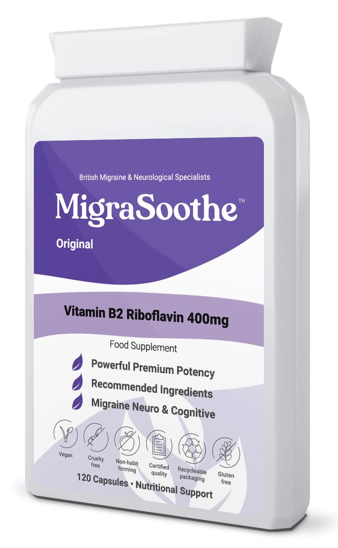 Premium Vitamin B2 Riboflavin 400mg per Capsule 120 Days Supply - Migrasoothe-B Pharma Manufacturing Standards UK Made Migraine Support, Stress, Tremors & Energy Vegan. NHS Recommended Vitamin B2 400