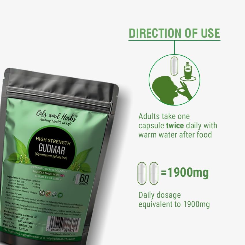 Oils and Herbs Adding Health to Life Super Strength Gudmar Capsules 1900MG – Gymnema Sylvestre Supplement – No Fillers or Binders – Made in UK – Vegan – 60 Capsules – Blood Sugar Support