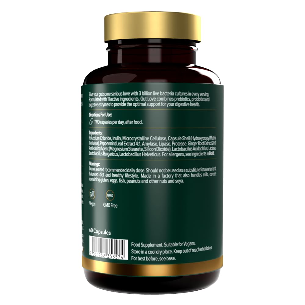 THE PROTEIN WORKS Gut Love, Science-Backed Blend of Prebiotics, Probiotics & Digestive Enzymes, 11 Active Ingredients, Added Ginger & Peppermint Extract, Supports Digestive Health, Vegan, 60 Capsules | Protein Works
