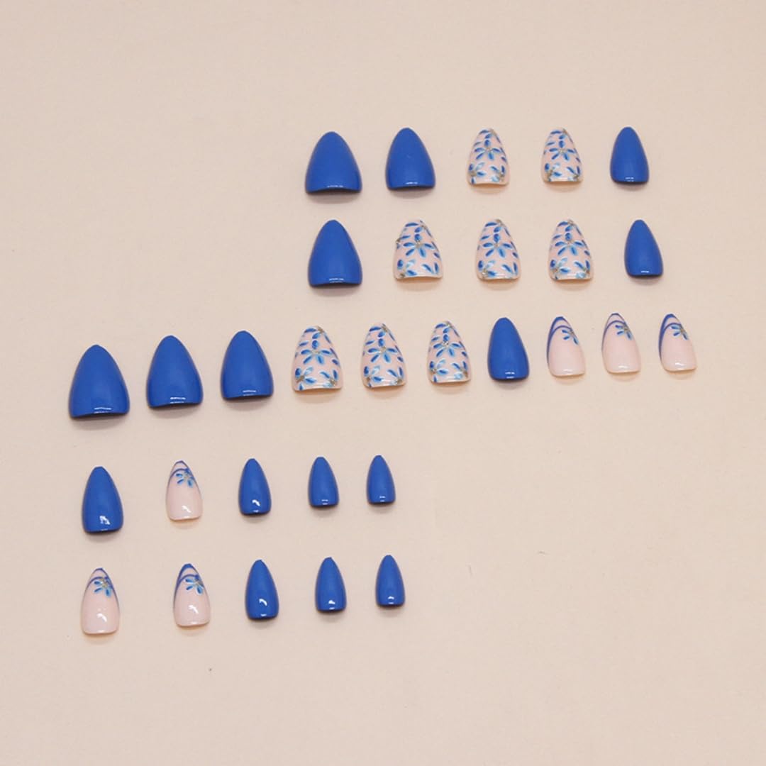 SXVME French Tip False Nails Short Almond, Cute Blue Floral Press on Nails Natural Nude Fake Nails Full Cover Glossy Acrylic Nails for Women Daily Wear 30 Pcs