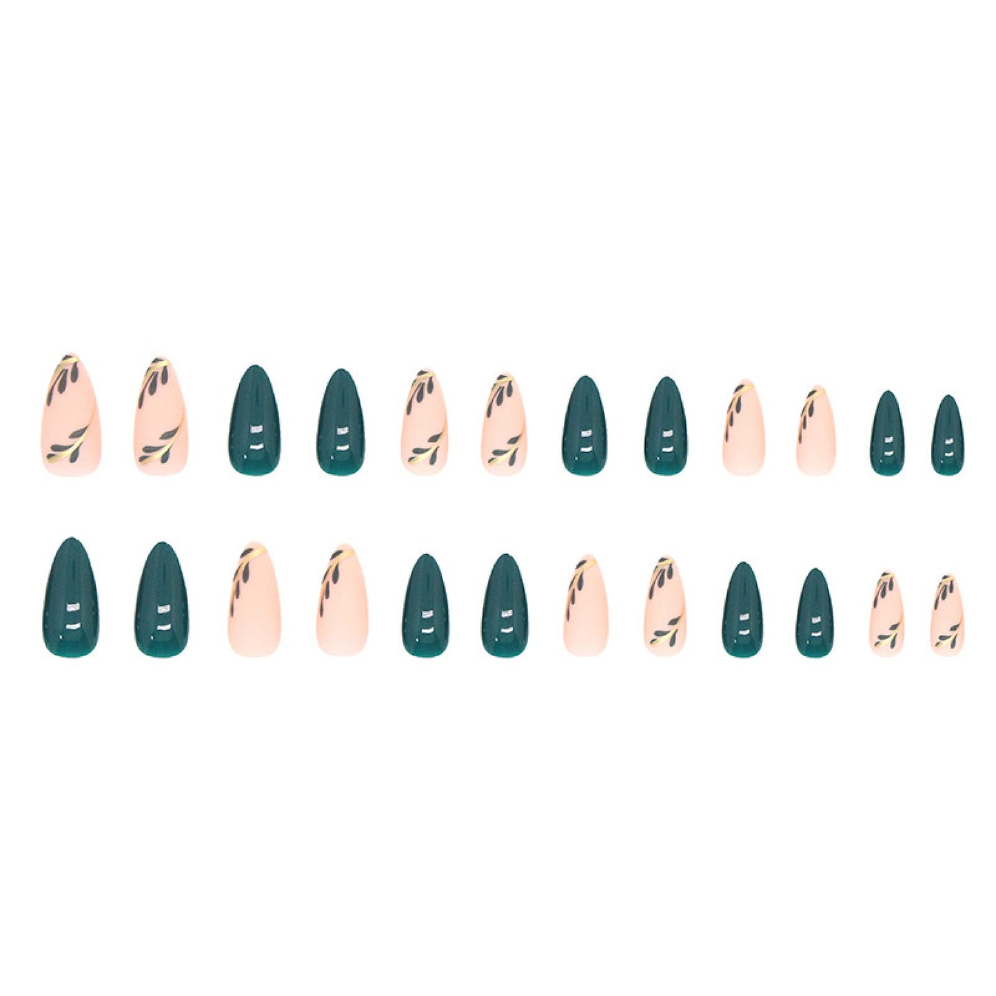 TMUT 24pcs Short Almond False Nails Green Stick on Nails Leaves Design Press on Nails Removable Glue-on Nails Fake Nails Women Girls Nail Art Accessories