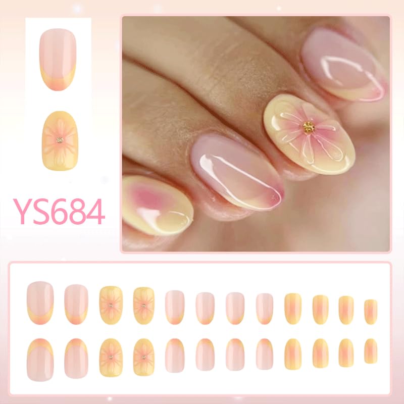 Nymora 24PCS Yellow Flower 3D Press on Nails - Summer Jelly Gel Nail Art Kit with Glue Strips & File for Instant Elegance