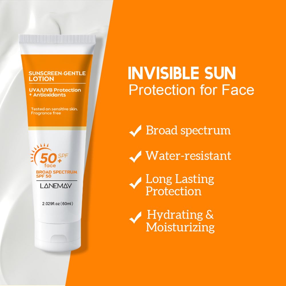 Sunscreen SPF 50+ Lightweight & Hydrating, Sun Cream Water-Resistant, SPF 50 Face Moisturiser Long-lasting Effect, Suncream Factor 50 Gentle Lotion No White Cast for All Skin Types