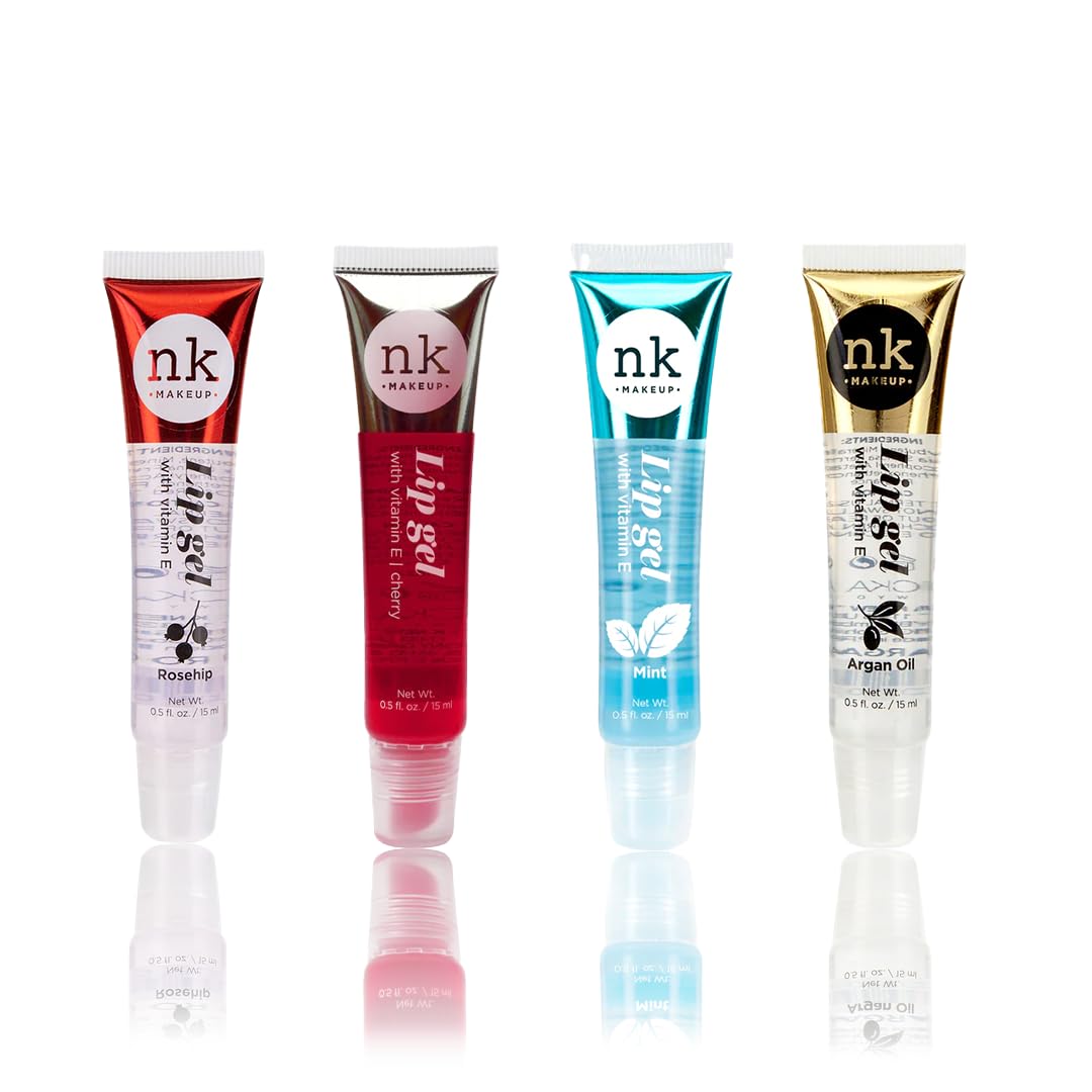 NK lip gloss gel 15ml Vitamin E, Shiny, Nourishes, Rosehip, Chery, Mint and Argan flavoured by Nicka K (Multi Pack Of 4).